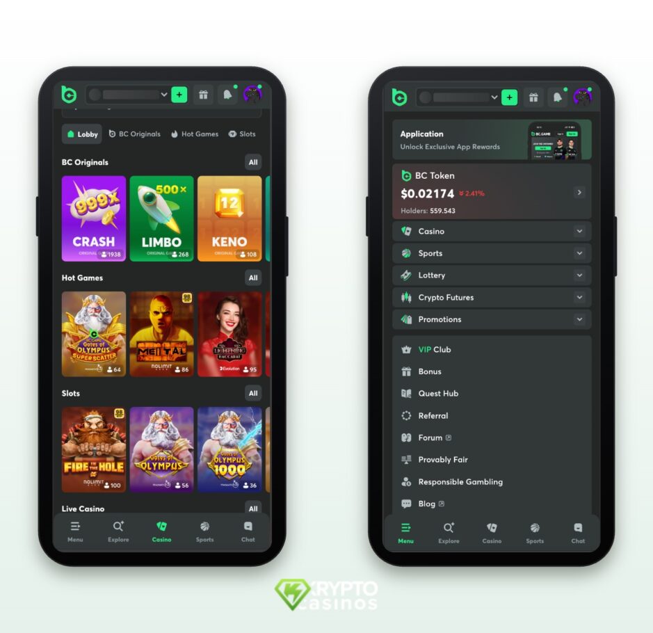 The image shows the mobile version of BC. Game. On the left side you can see the game lobby and the right side shows the main menu