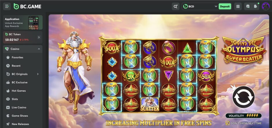 The image shows a live session of a slot game at BC. Game