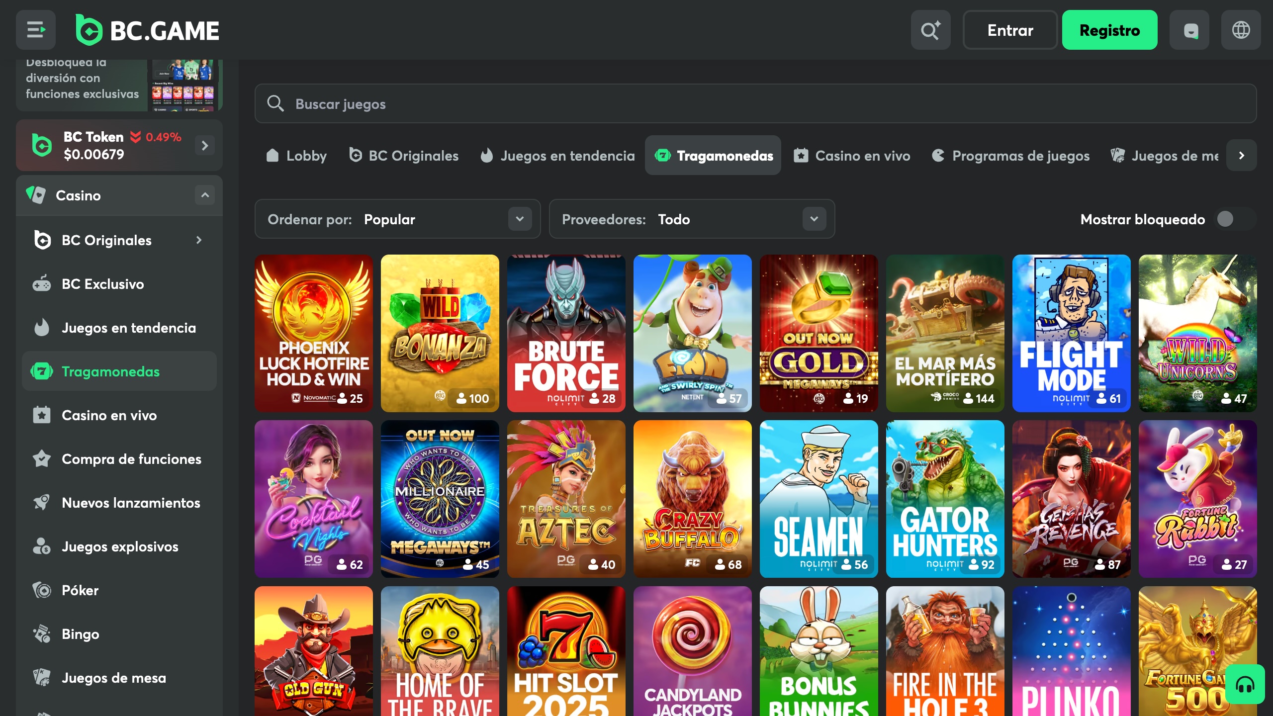 Sección de tragamonedas del casino BC.Game con variedad en temáticas.