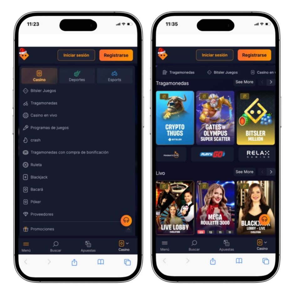 Interfaz móvil de Bitsler Casino en iPhone con el menú de juegos y una portada con tragamonedas y casino en vivo.