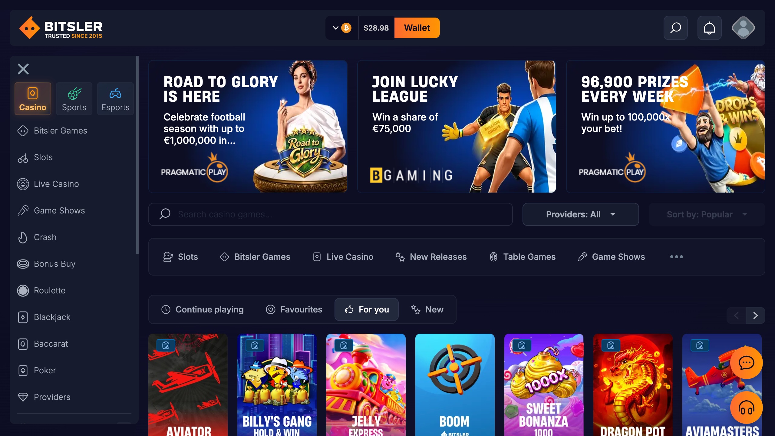 screenshot of bitsler casino showing the bonus banner and game lobby