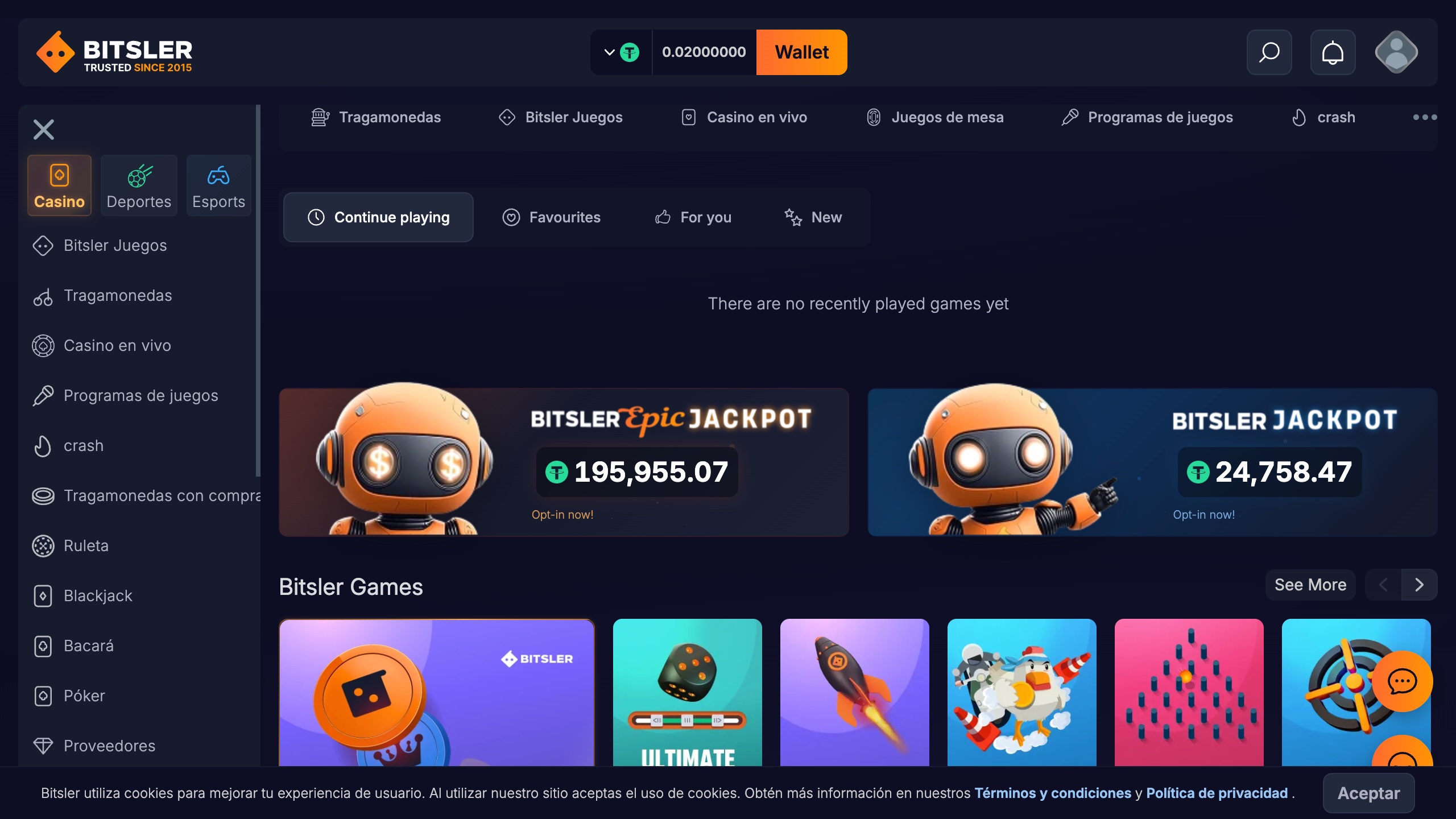 Bitsler casinos ofrece una sección de juegos variadas como se ve en esta captura de pantalla.