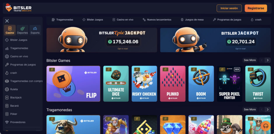 Plataforma Bitsler Casino con juegos de azar online, jackpots en criptomonedas y casino en vivo.