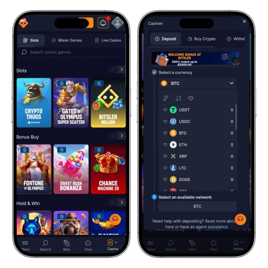 Das Bild zeigt die Mobile Version des Bitsler Casinos. Rechts ein Ausschnitt der Spielauswahl und Links ein Ausschnitt der Einzahlungsmaske