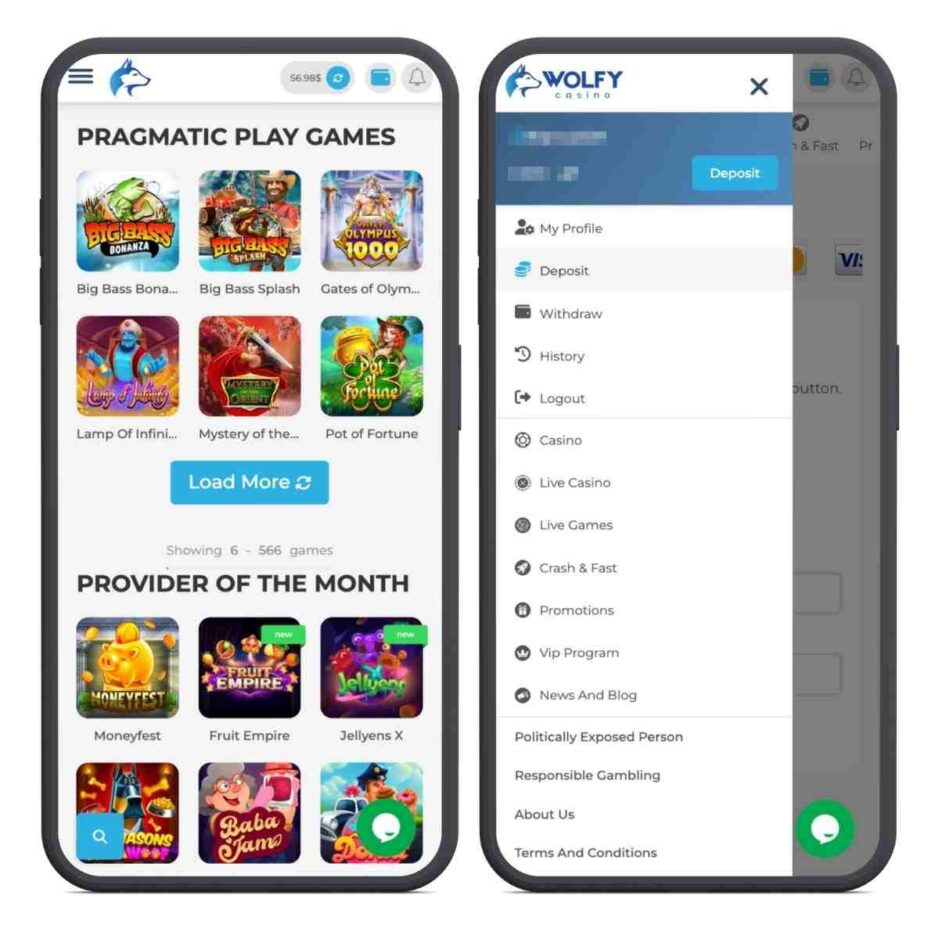 Screenshot der mobilen Ansicht vom Wolfy Casino. Spielübersicht und Menüführung.