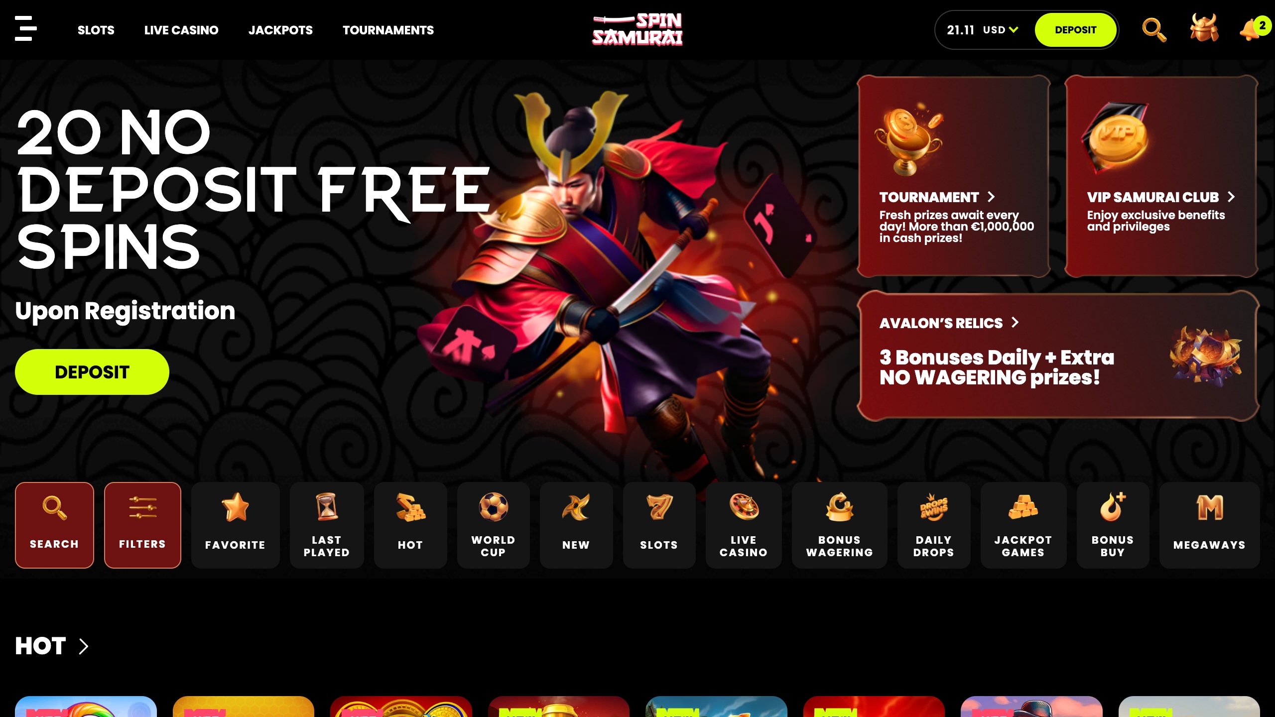 screenshot of spin samurai casino showing the bonus banner and game lobby