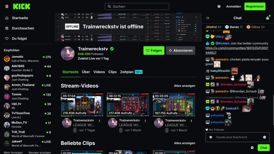 Das Bild zeigt den offiziellen Streamer Kanal von Trainwreckstv