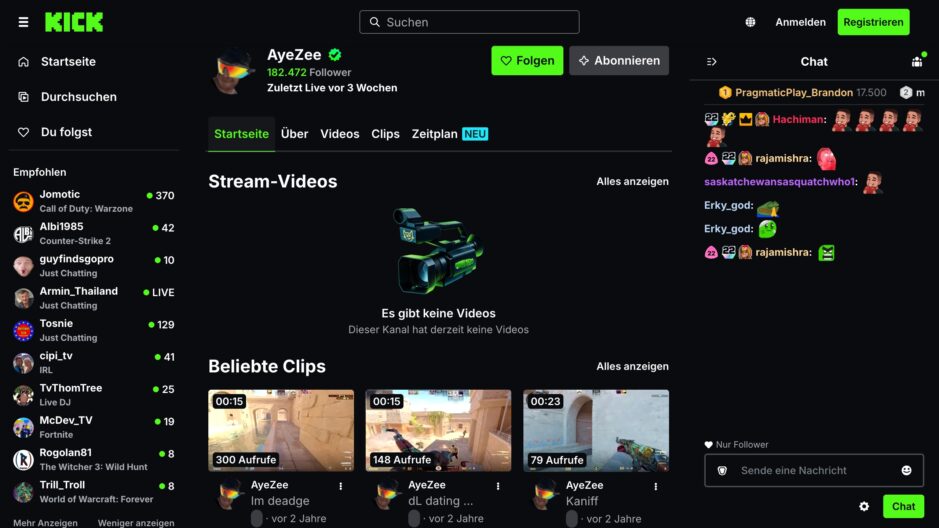 Das Bild zeigt den offiziellen Streamer Kanal von AyeZee