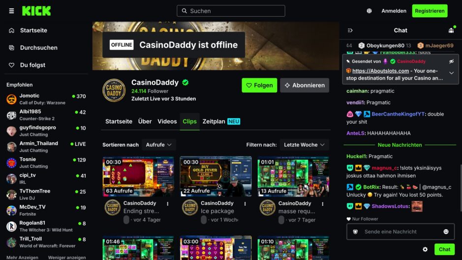 Das Bild zeigt den offiziellen Streamer Kanal von CasinoDaddy