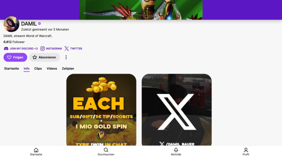 Das Bild zeigt den offiziellen Streamer Kanal von DAMIL