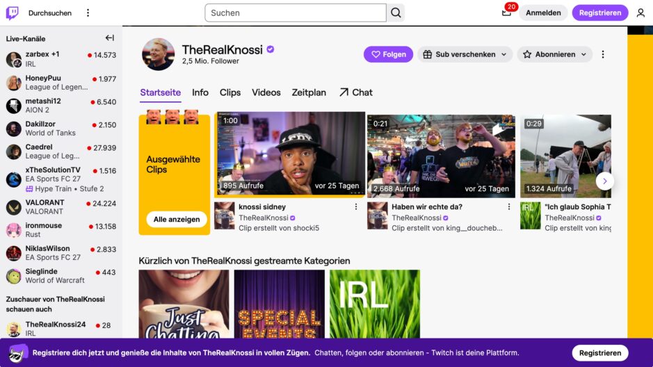 Das Bild zeigt den offiziellen Streamer Kanal von Knossi
