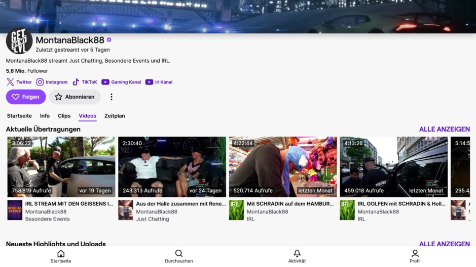 Das Bild zeigt den offiziellen Streamer Kanal von MontanaBlack88