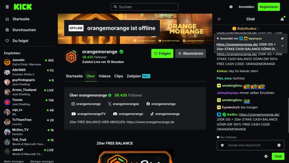 Das Bild zeigt den offiziellen Streamer Kanal von OrangeMorange