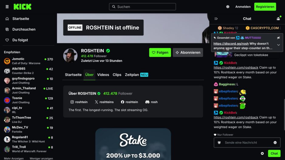 Das Bild zeigt den offiziellen Streamer Kanal von Roshtein