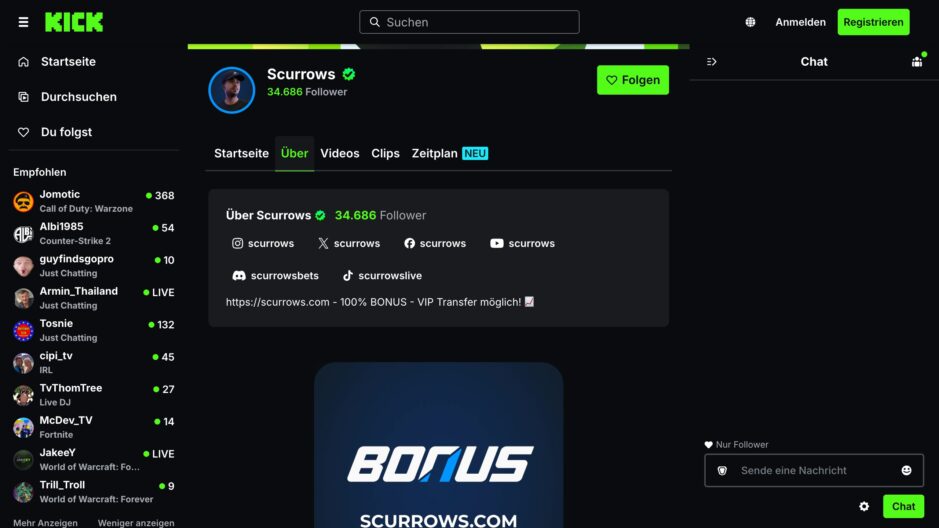 Das Bild zeigt den offiziellen Streamer Kanal von Scurrows