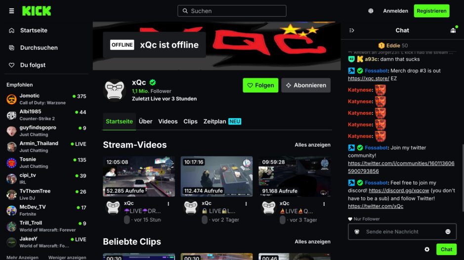 Das Bild zeigt den offiziellen Streamer Kanal von xQc