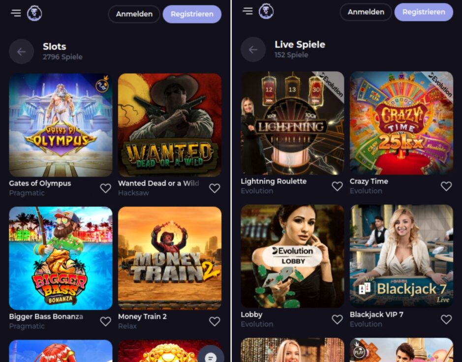 Mobile Ansicht CryptoLeo Online Casino