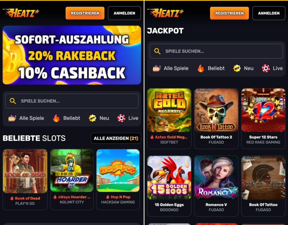 Aplicación móvil Heatz Casino