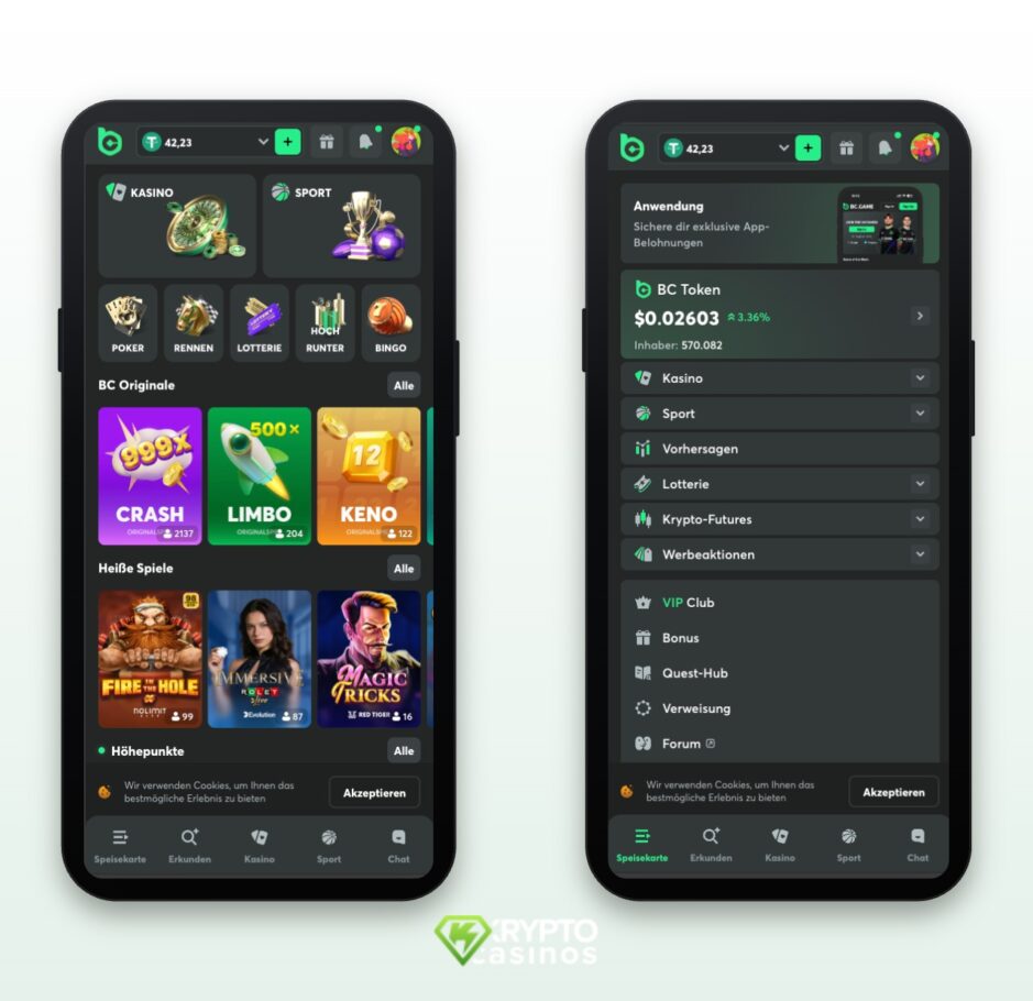 Die mobile Version zeigt rechts das Hauptmenü und links die Spiellobby