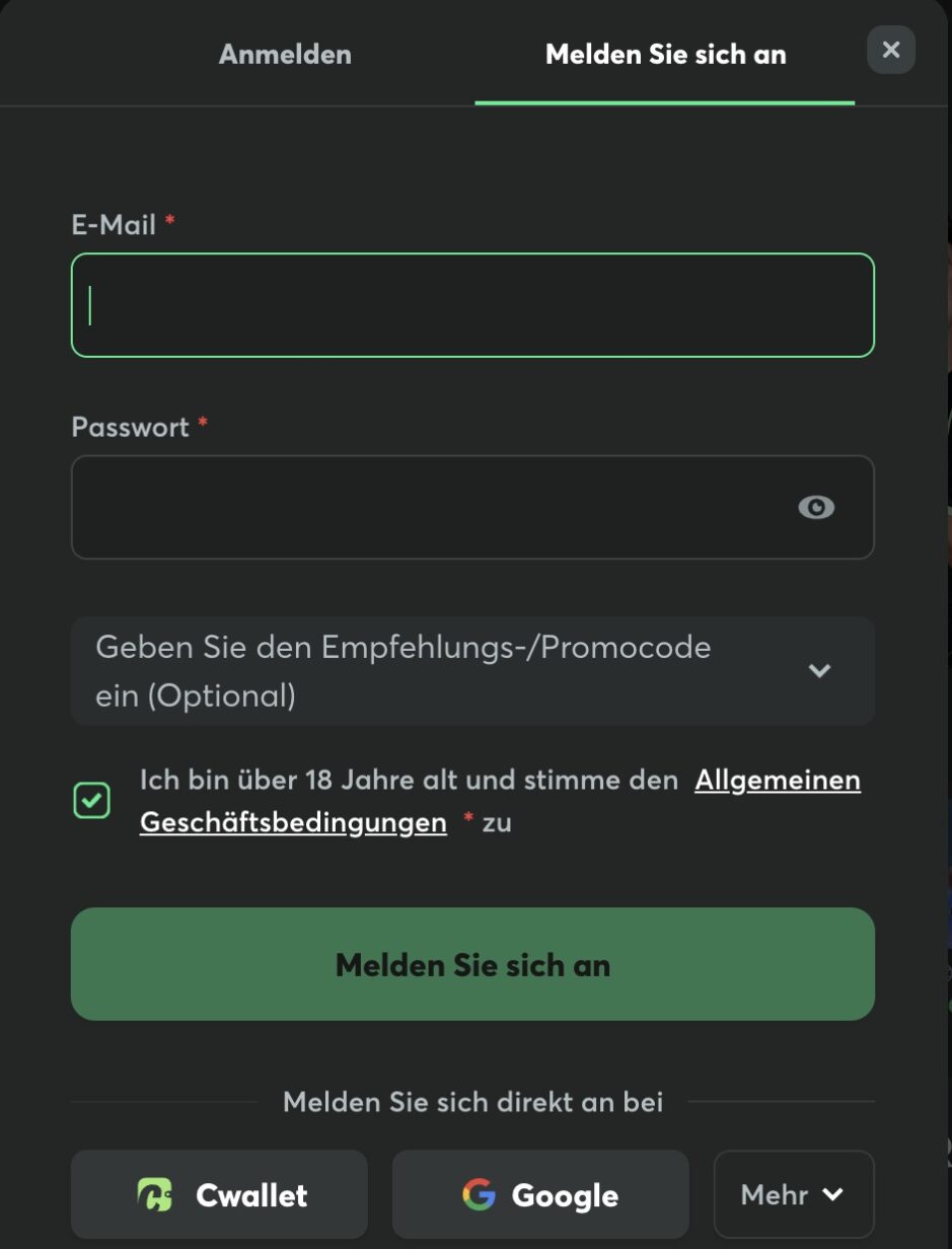 Das Bild zeigt die Registrierungsmaske bei BC. Game DE