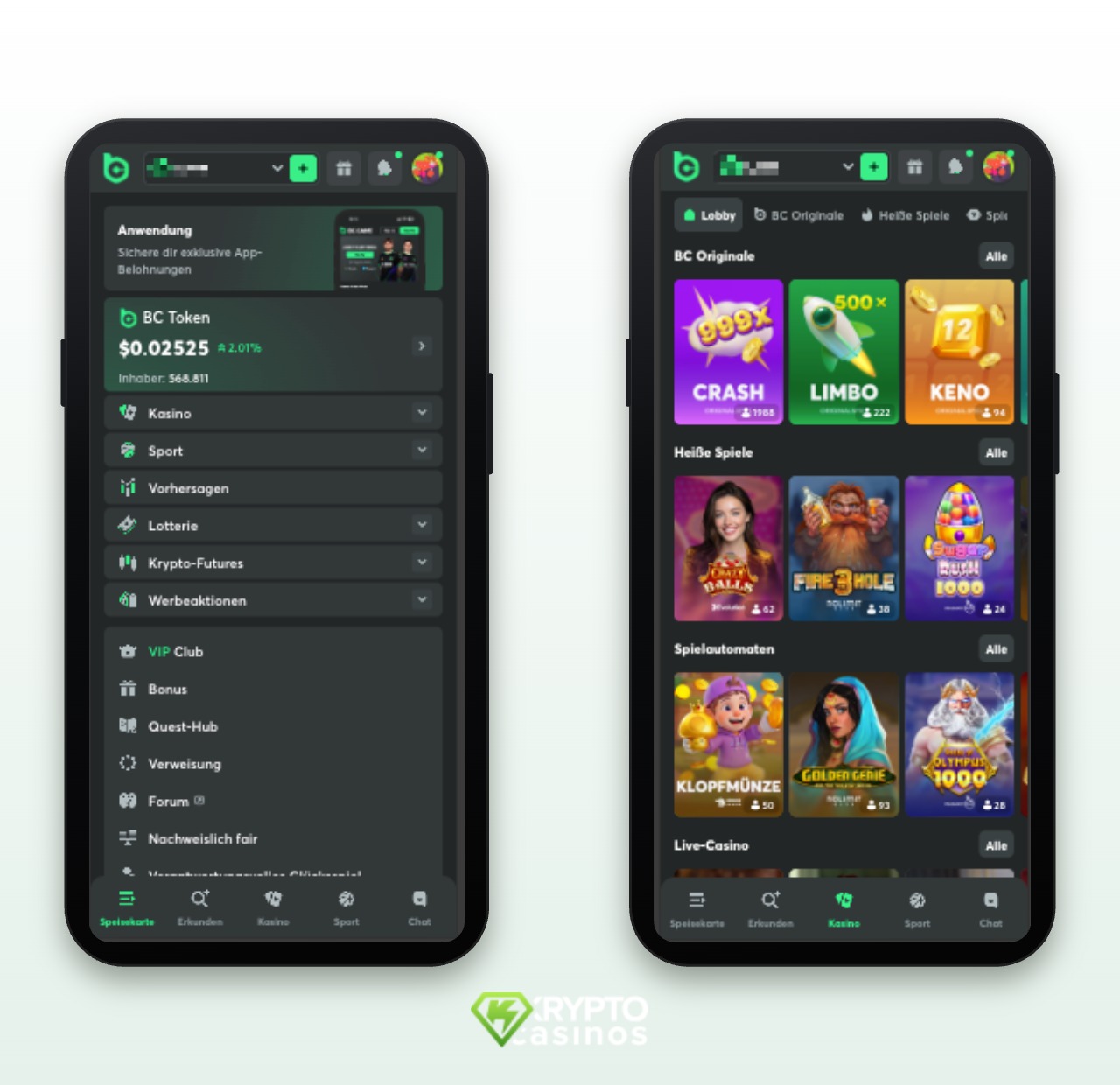 Das Bild zeigt die mobile Version von BC. Game CH. Rechts sieht man die Spiellobby und links sieht man das Hauptmenü