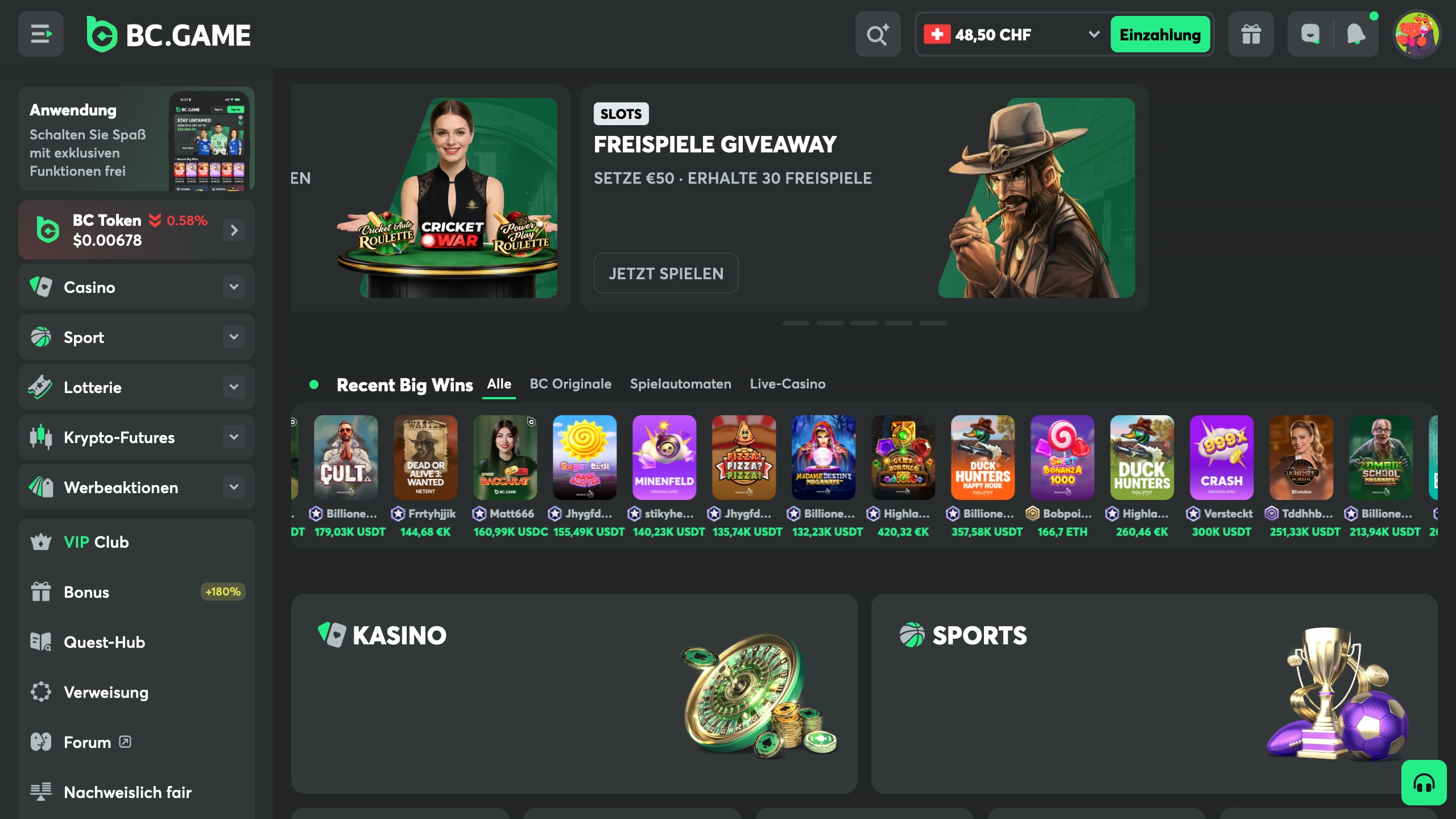 Das Bild zeigt die Desktop Startseite nach erfolgreichem Login bei Bc.Game Schweiz mit dem Bonusbanner und der Spielesammlung