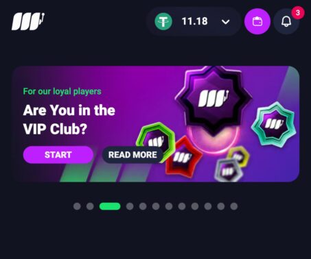 metaspins casino mobile lobby showing vip club banner and usdt balance