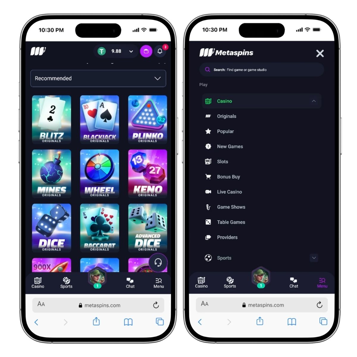 metaspins mobile casino lobby showing originals, search, game categories, and bottom navigation