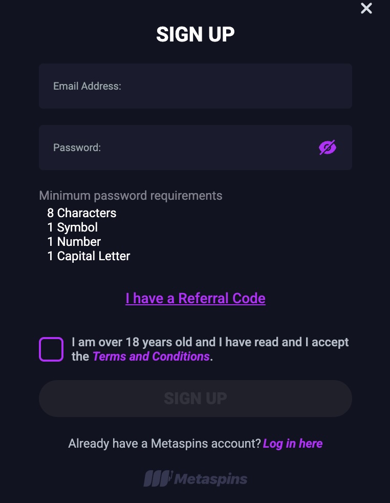 metaspins casino registration screen showing email, password, referral code, and terms acceptance fields