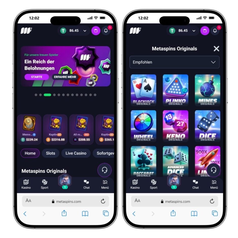 Mobile Ansicht des Metaspins Casinos
