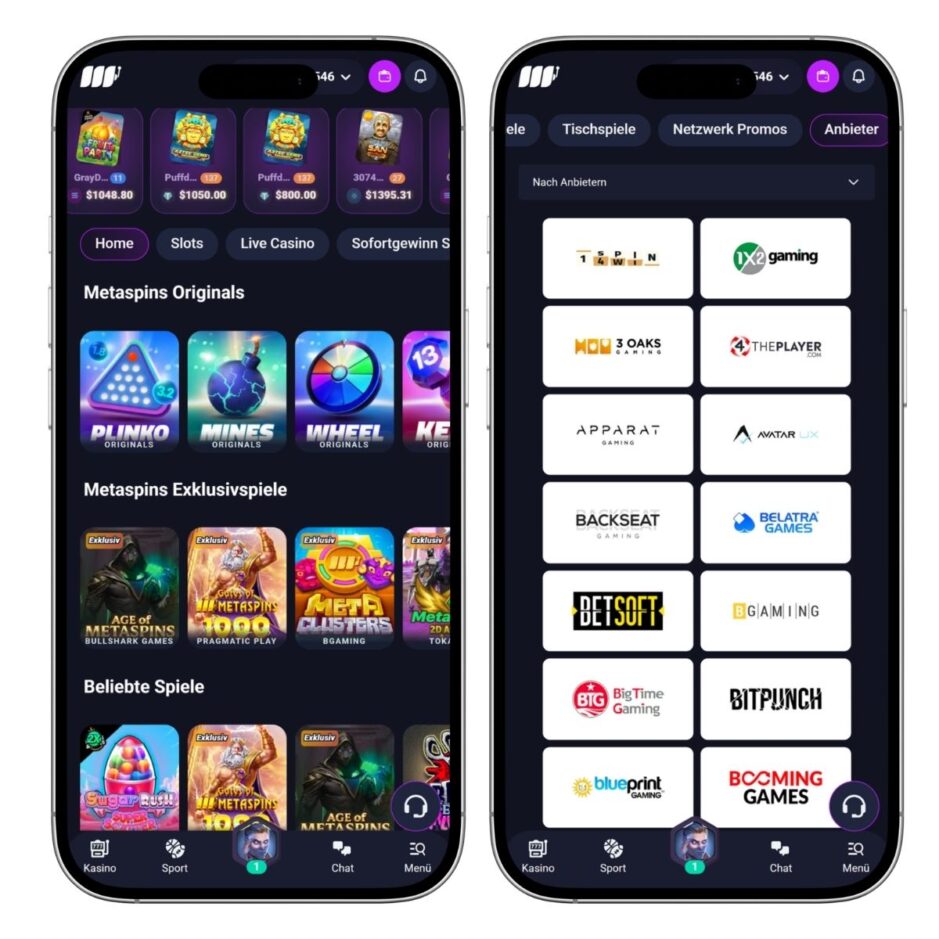 Mobile Ansicht des Metaspins Casinos