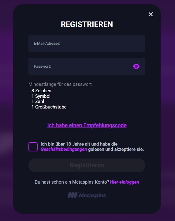 Registrierung im Metaspins Casino