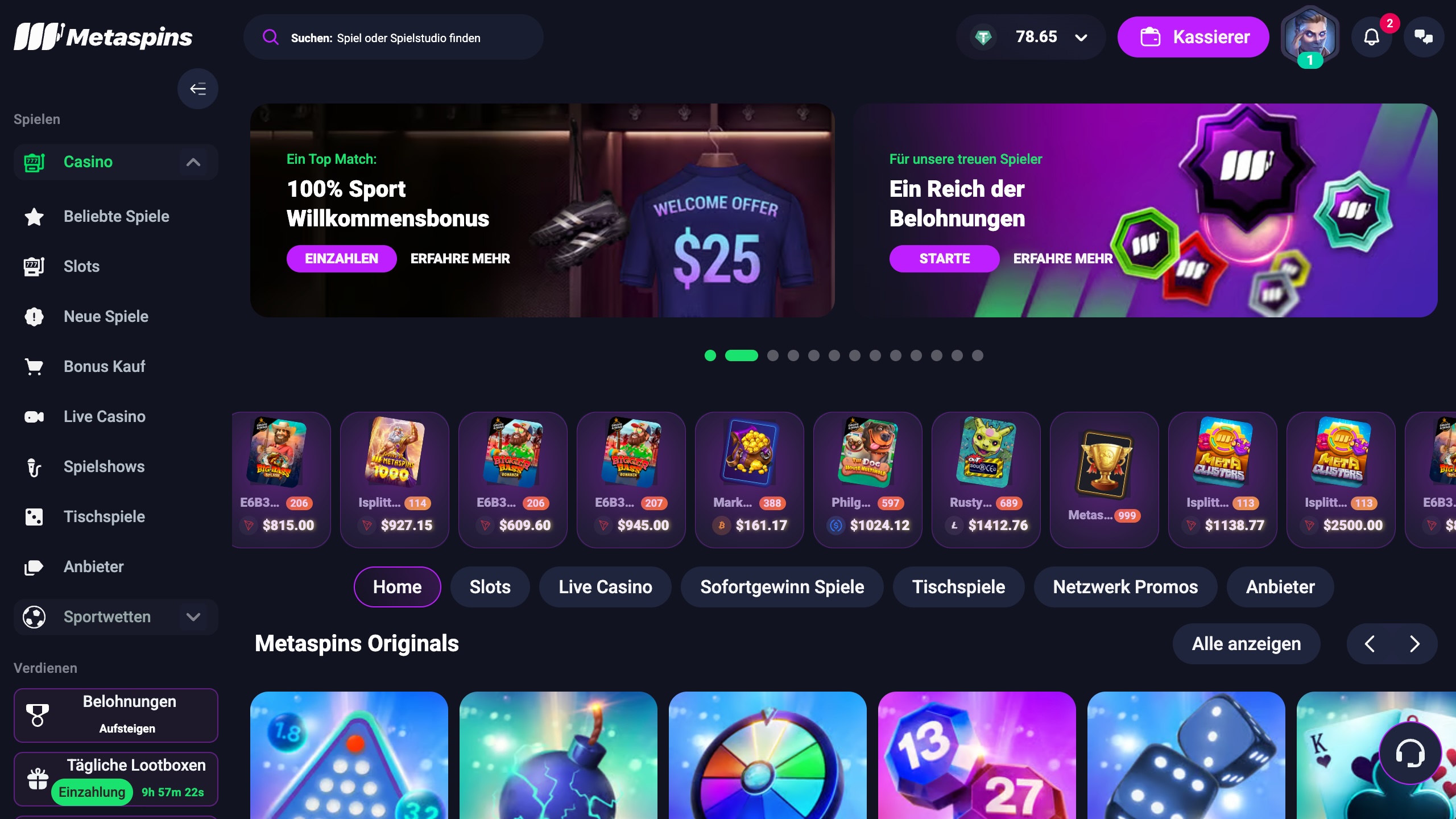 Das Bild zeigt die Desktop Startseite nach erfolgreichem Login bei Metaspins Schweiz mit dem Bonusbanner und der Spielesammlung