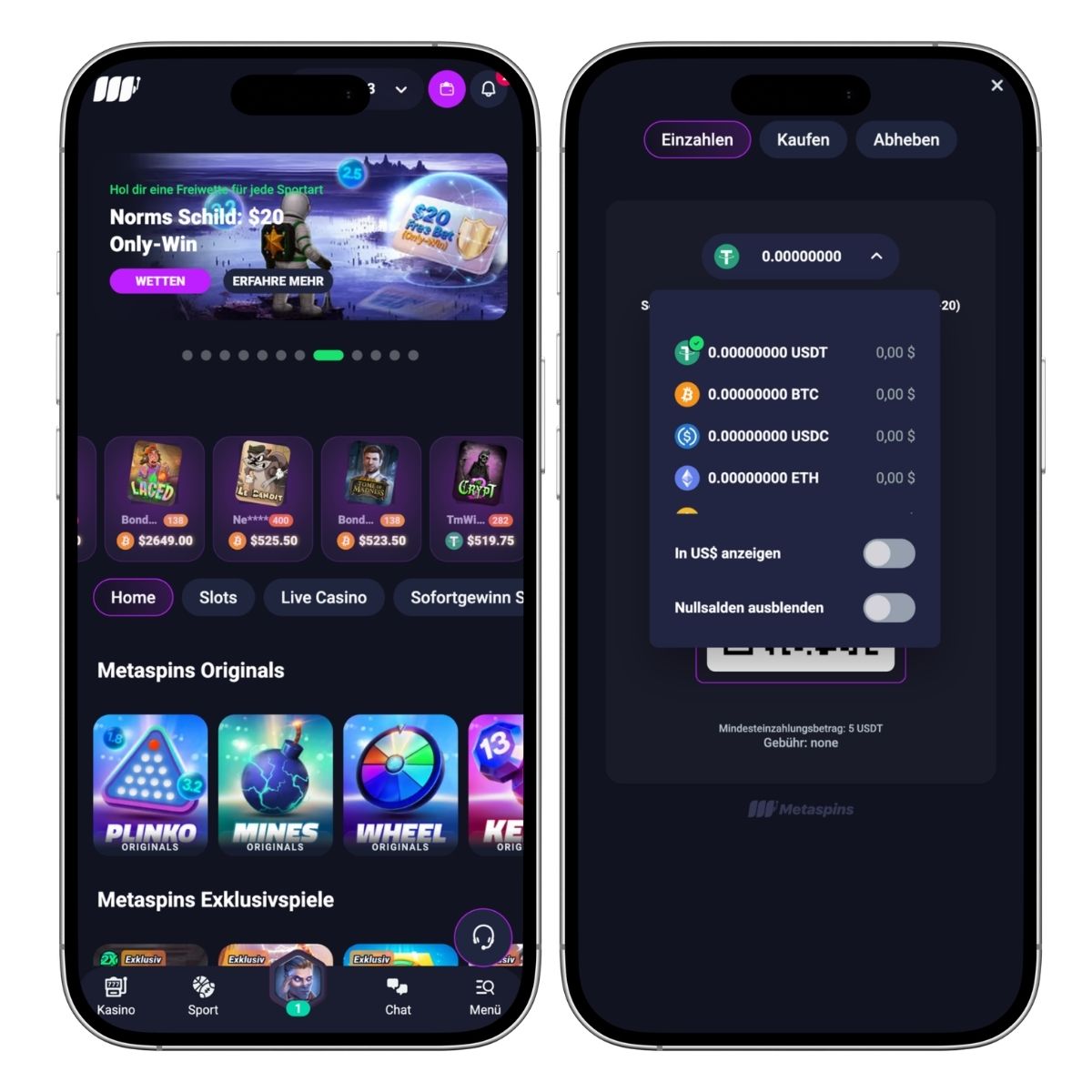Das Bild zeigt die mobile Version des Metaspins Casino. Rechts sieht man die Zahlungsmaske und links die Startseite
