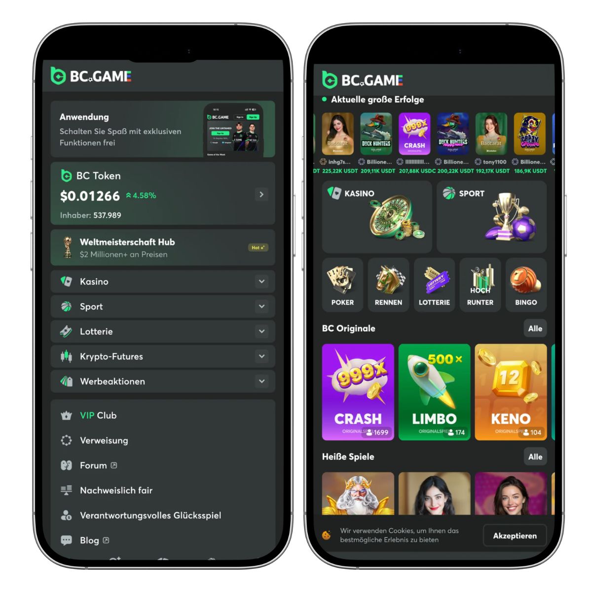 Das Bild zeigt die mobile Ansicht des BC. Game Casinos Schweiz. Links ist die Menüansicht und rechts die Startseite mit der Spiellobby 