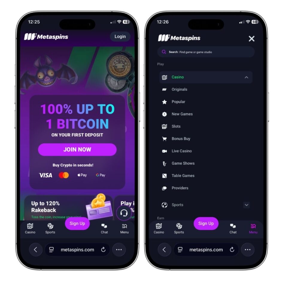 Versión móvil del casino Metaspin. La imagen de la izquierda muestra la página principal con el bono que ofrece, mientras que la imagen de la derecha es el menú desplegable para navegar por el casino.