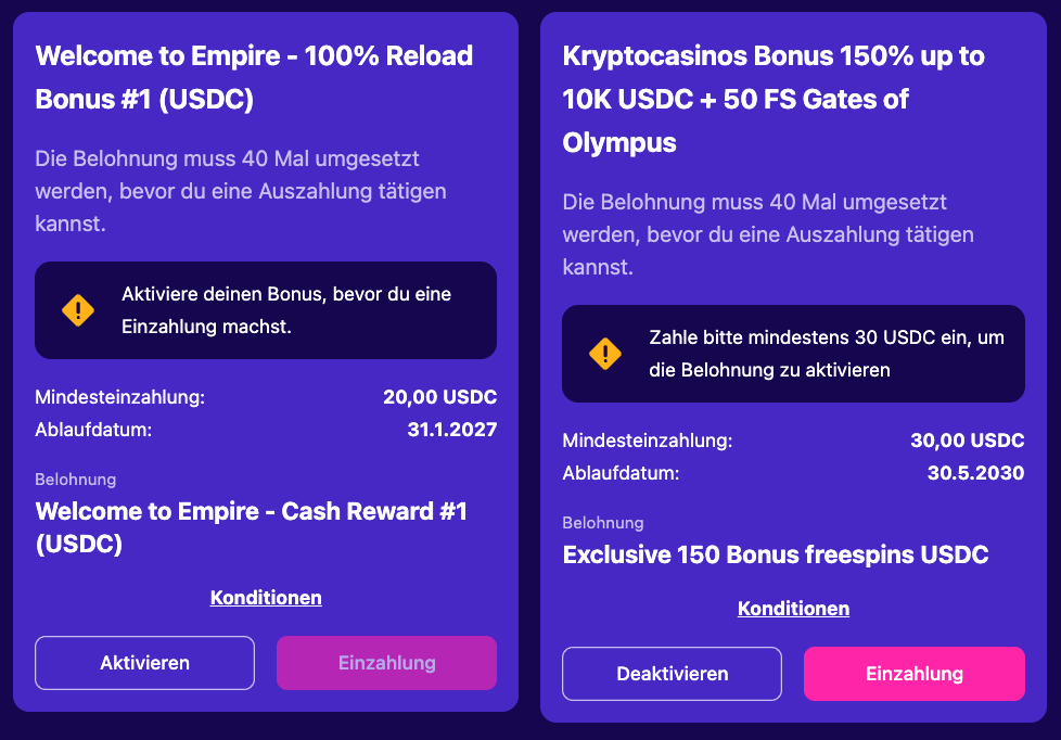 Exklusiver Willkommensbonus im Empire.io Casino