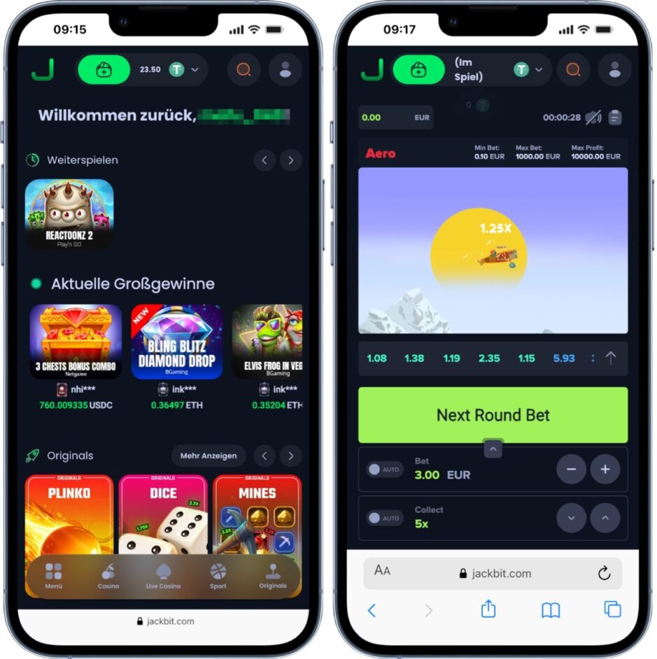 Mobile Ansicht vom Jackbit Casino, getestet von KryptoCasinos.com