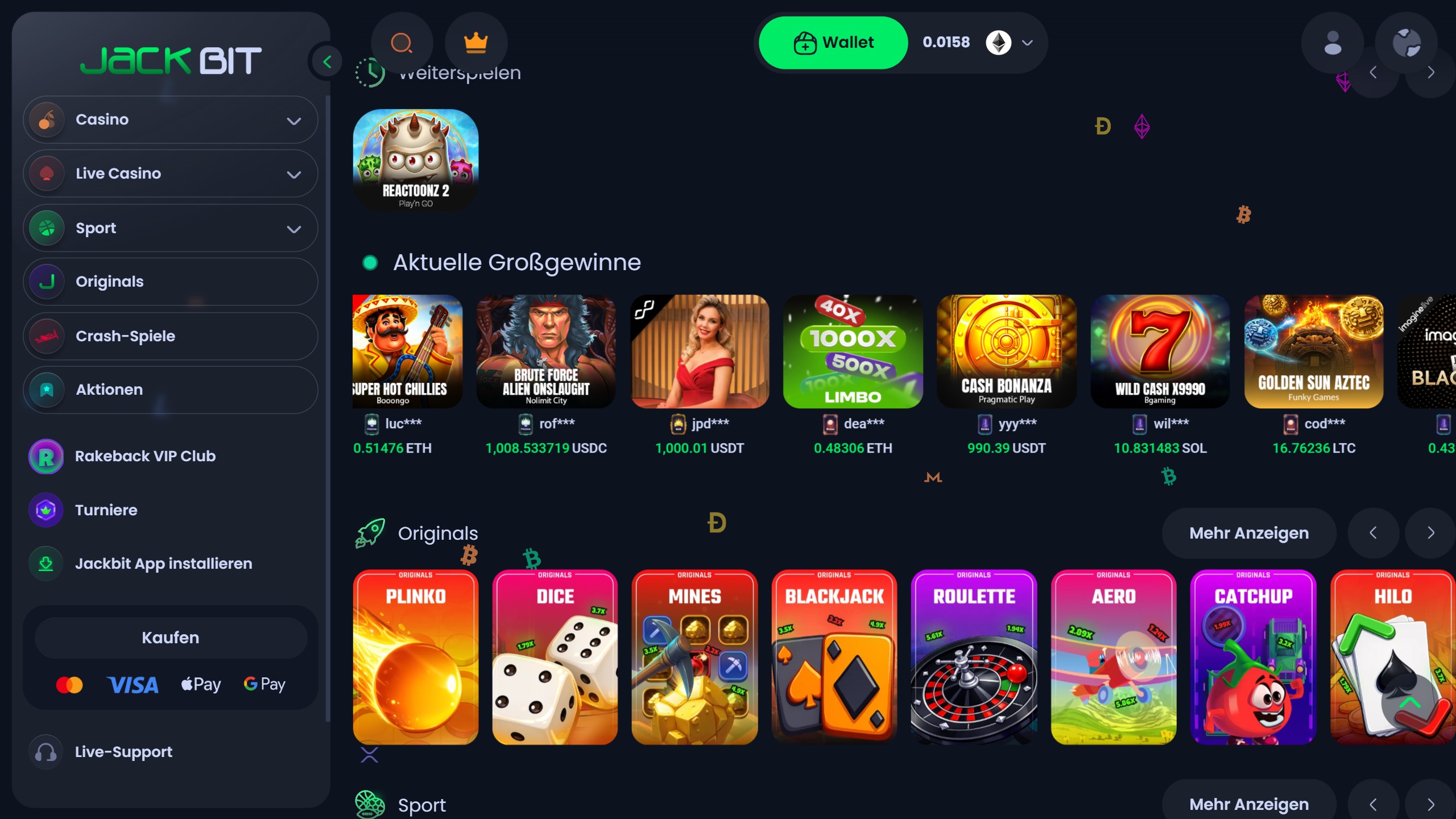 Screenshot des Jackbit Casinos mit Spielen