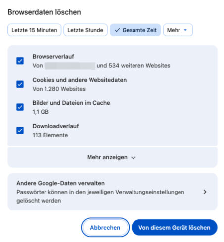 Browserdaten und Cache in Google Chrome löschen