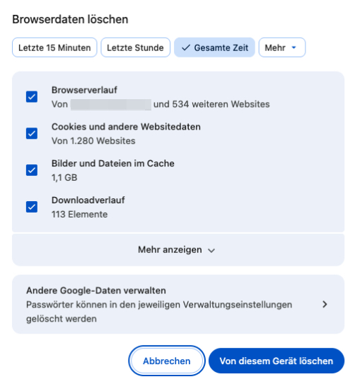 Browserdaten und Cache in Google Chrome löschen