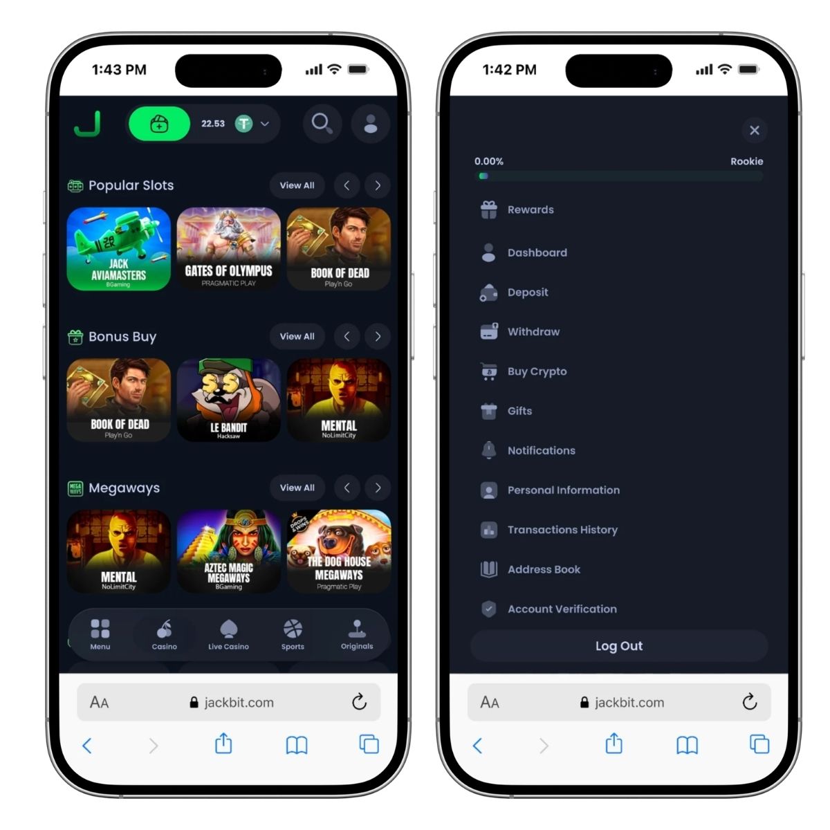 jackbit mobile casino lobby and account menu shown on iphone screens