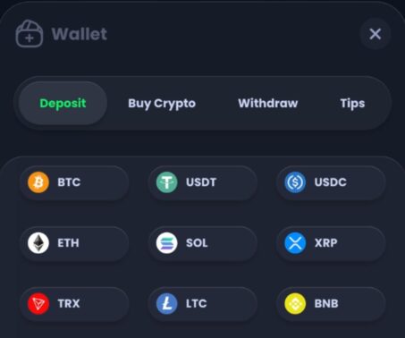 jackbit wallet deposit tab showing available crypto coins including btc, usdt, usdc, eth, sol, xrp, trx, ltc, and bnb