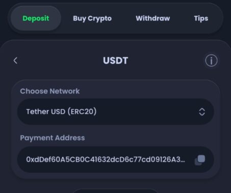 jackbit usdt deposit screen showing selected network and payment address