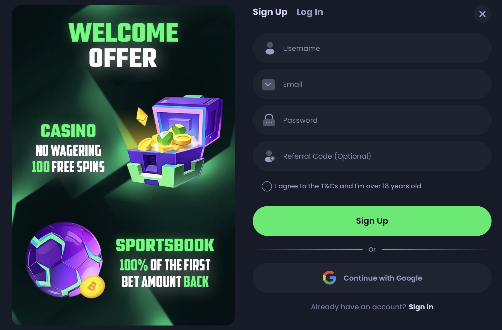 jackbit casino registration window with welcome offer, sign up form, casino bonus, free spins, and sportsbook promo