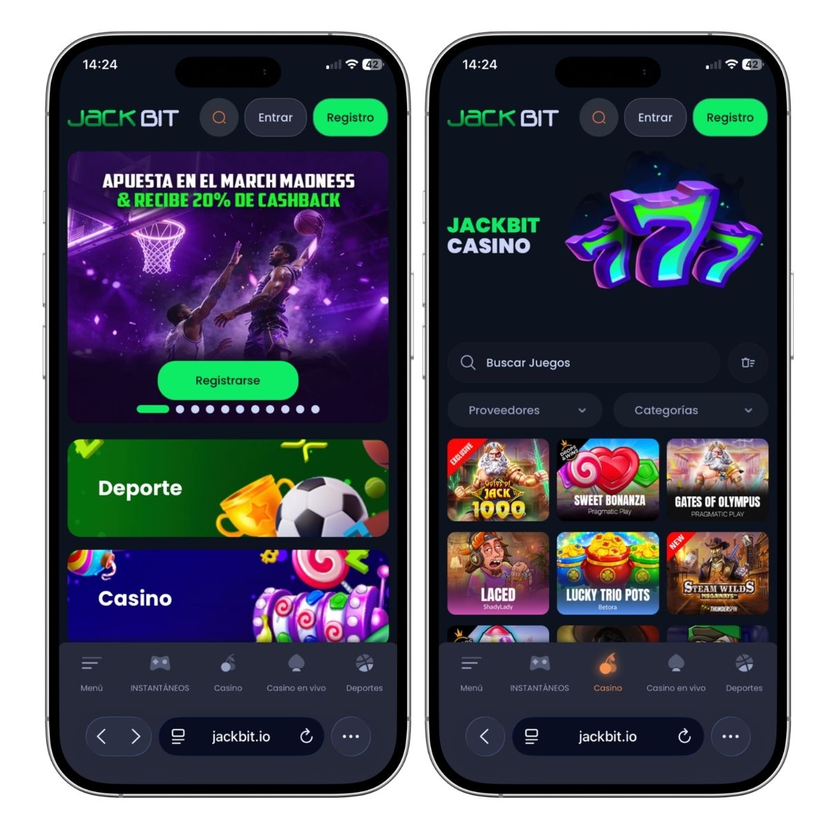 Jackbit disponible para móvil. La imagen de la derecha se ve la página principal donde se muestra un bono deportivo y las secciones que tiene. Mientras que en la izquierda, se ve el lobby del casino.