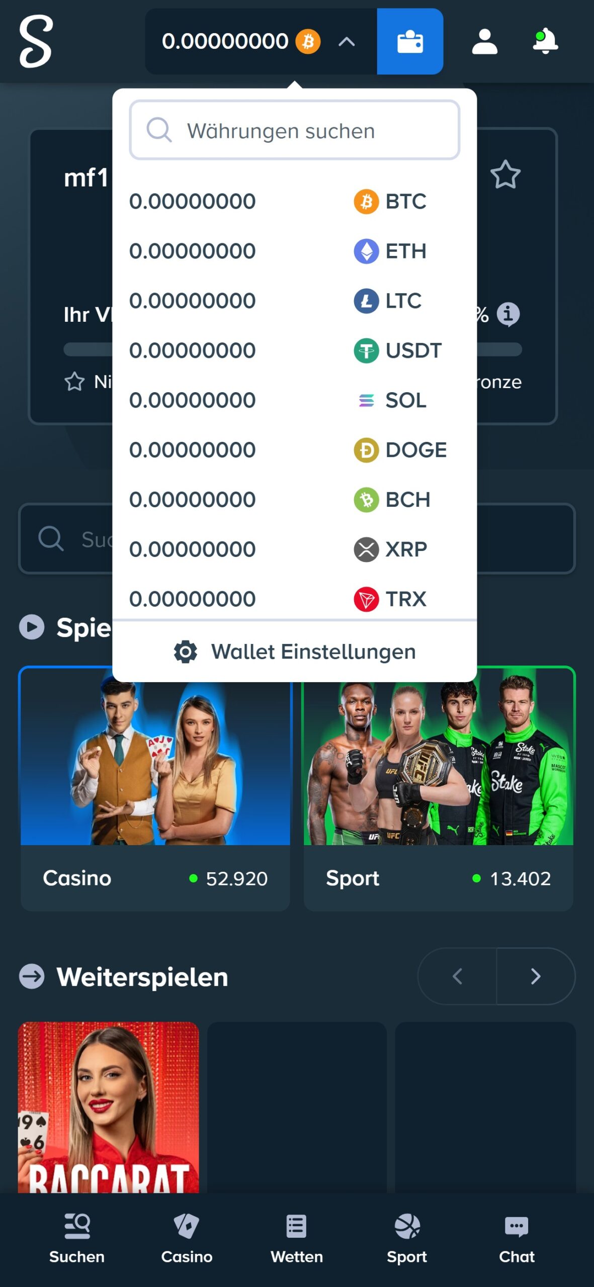 Wenn man sich erfolgreich im Stake Casino registriert hat, kann man die erste Einzahlung in gewünschter Kryptowährung vornehmen.