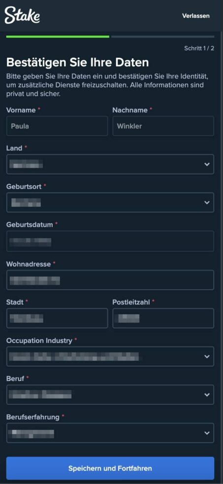 Um sich bei Stake zu registrieren, muss man persönliche Daten wie Name und Adresse angeben.