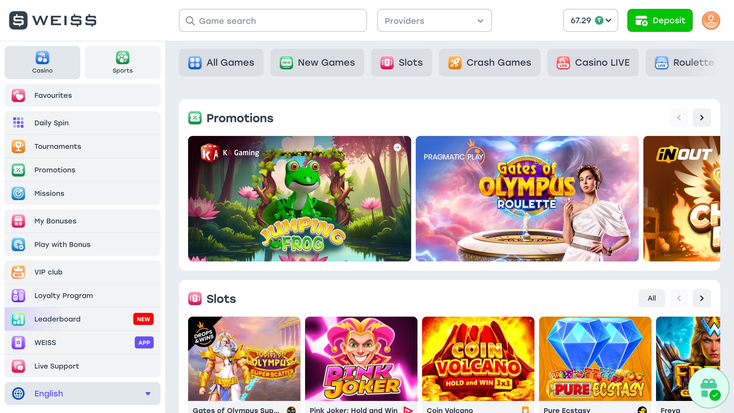 screenshot of weiss.bet casino showing the slot games and promo banner