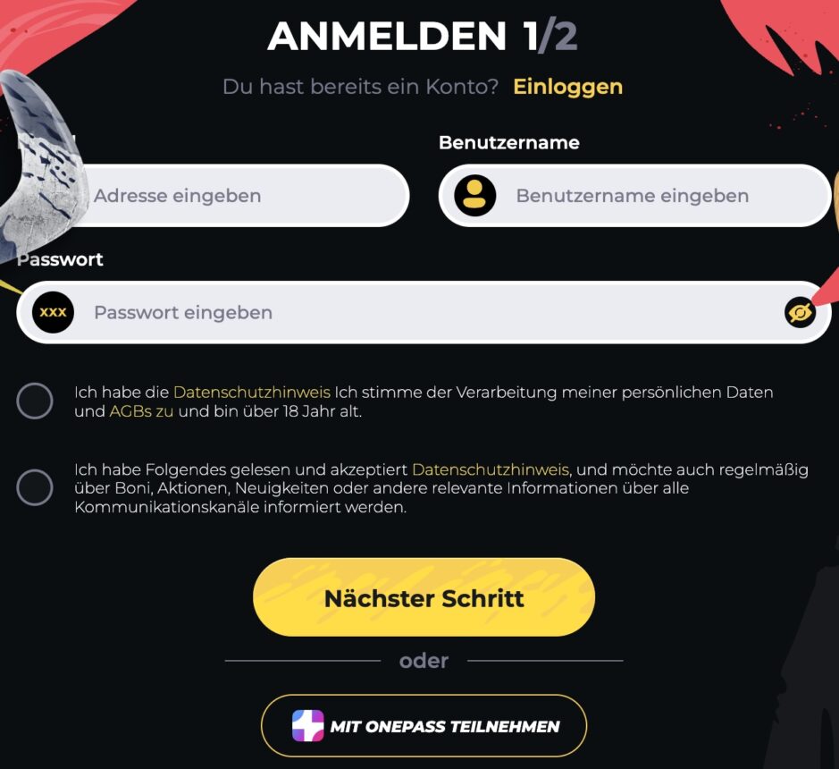 Das Bild zeigt die Anmeldungsmaske bei Boomerang Casino DE